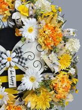 Bumble Bee Wreath for Front Door, Bee Happy Summer Wreath, Yellow Daisy Hydrangea Farmhouse Wreath, 28 Inch Bumblebee Door Decor