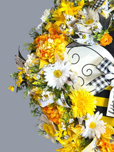 Bumble Bee Wreath for Front Door, Bee Happy Summer Wreath, Yellow Daisy Hydrangea Farmhouse Wreath, 28 Inch Bumblebee Door Decor