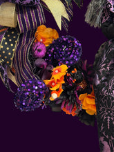 Purple Witch Halloween Wreath – Elegant Gothic Halloween Door Decor with Witch, Glitter Ribbon & Florals