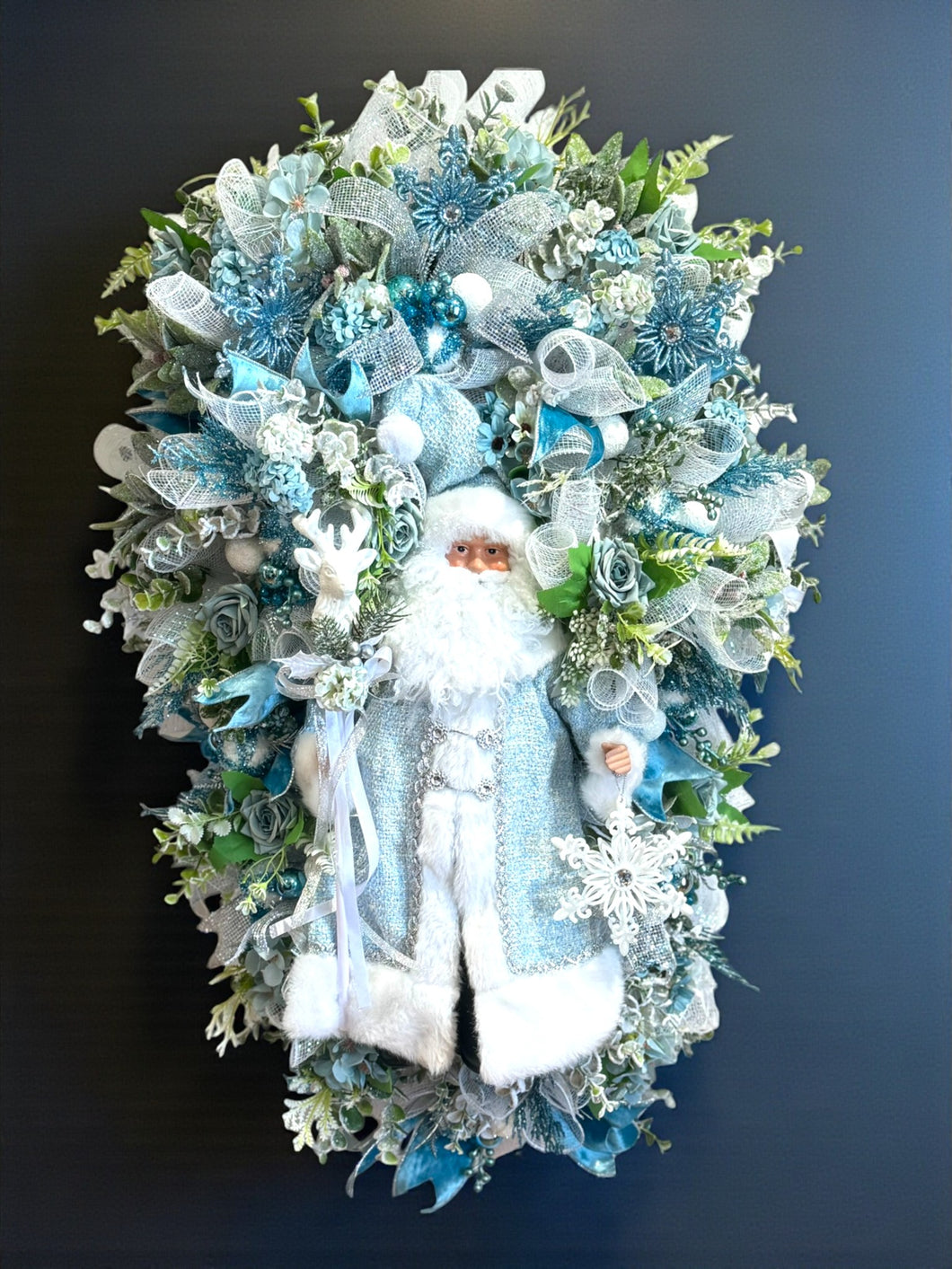 Blue Santa Doll Wreath Floral Swag Christmas Wreath Country Farm House  (Free Shipping)