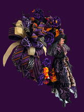 Purple Witch Halloween Wreath – Elegant Gothic Halloween Door Decor with Witch, Glitter Ribbon & Florals