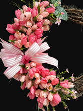 Pink Tulip Wreath 22 Inch Spring Front Door Wreath, Farmhouse Spring Decor with Lush Greenery, Spring Door Decoration