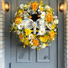 Bumble Bee Wreath for Front Door, Bee Happy Summer Wreath, Yellow Daisy Hydrangea Farmhouse Wreath, 28 Inch Bumblebee Door Decor