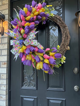 Tulip Wreath 22 Inch Spring Front Door Wreath, Farmhouse Spring Decor with Lush Greenery, Spring Door Decoration