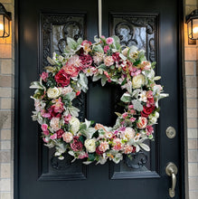 Pink Floral Wreath for Front Door, Pink & Ivory Rose Grapevine Wreath, Year Round Farmhouse Door Decor