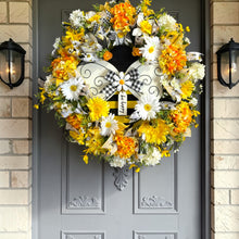 Bumble Bee Wreath for Front Door, Bee Happy Summer Wreath, Yellow Daisy Hydrangea Farmhouse Wreath, 28 Inch Bumblebee Door Decor
