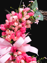 Pink Tulip Wreath 22 Inch Spring Front Door Wreath, Farmhouse Spring Decor with Lush Greenery, Spring Door Decoration