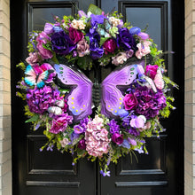 Purple Butterfly Floral Wreath – 24” Hydrangea Front Door Spring / Summer Wreath