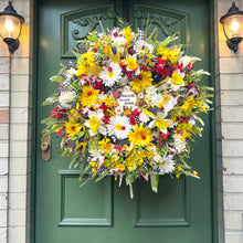 Ladybug Summer Wreath for Front Door, Hello Sign Wreath, Daisy & Red Geranium Farmhouse Door Decor, Ladybug Front Door Wreath