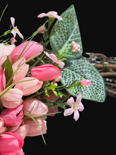 Pink Tulip Wreath 22 Inch Spring Front Door Wreath, Farmhouse Spring Decor with Lush Greenery, Spring Door Decoration