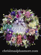 Hello Spring Wreath Set for Double Doors, Purple Ribbon Hydrangea Peony Front Door Wreaths, Farmhouse Spring Decor, Easter Door Decor