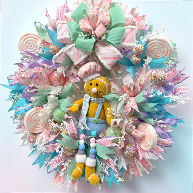 Pink Gingerbread Man Christmas Wreath With Pastel Colors