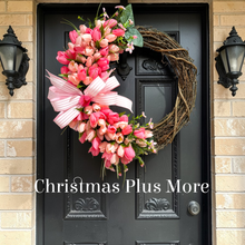 Pink Tulip Wreath 22 Inch Spring Front Door Wreath, Farmhouse Spring Decor with Lush Greenery, Spring Door Decoration