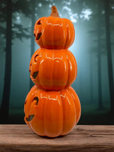 Halloween Lighted Stacked Pumpkins - Ceramic - White Ghosts - 12.5" tall Battery Free Shipping