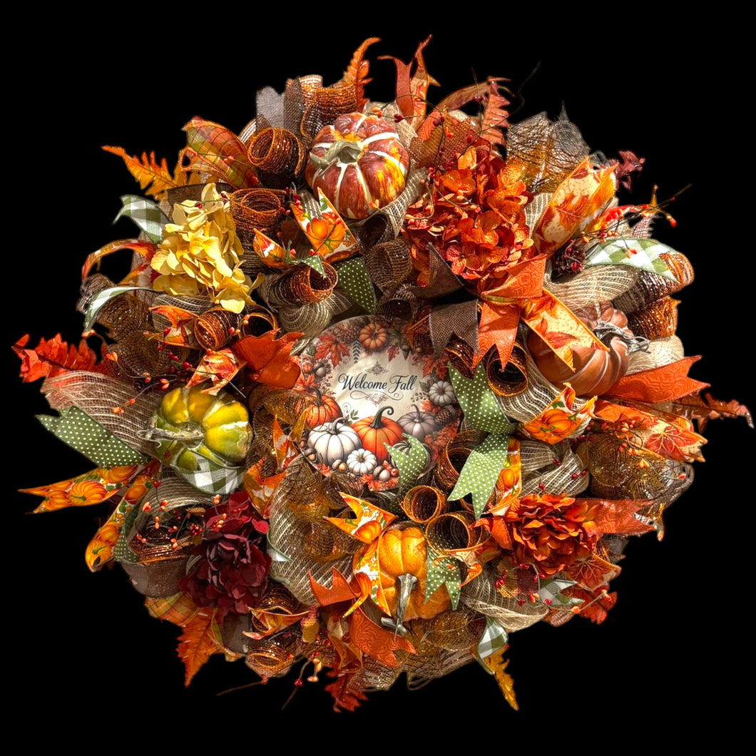 Country Fall Wreath, Farmhouse Style, Pumpkin Hydrangea Welcome Wreath (Free Shipping)