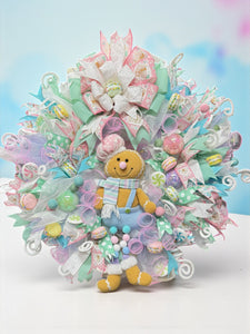 Pink Gingerbread Man Christmas Wreath With Pastel Colors