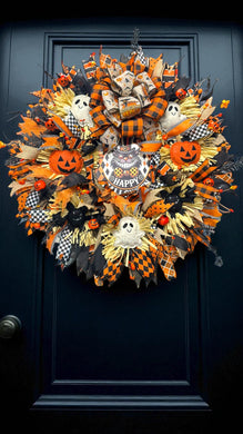 Vintage Halloween Black Cat Wreath -  Halloween Orange & Black Wreath Vintage Look