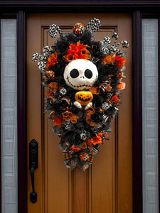 Halloween Jack Swag Wreath  ~ Large Halloween Front Door Swag Wreath Orange & Black Scary Wreath (Free Shipping)