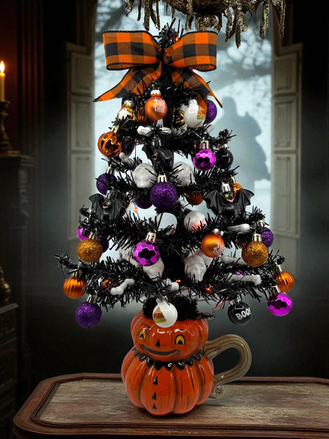 Halloween Christmas Tree Black Jack o Lantern Tree with Orange Lights (Free Shipping)