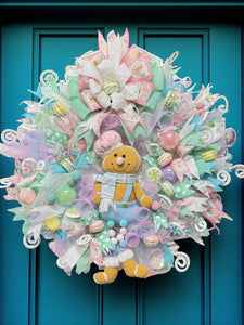 Pink Gingerbread Man Christmas Wreath With Pastel Colors