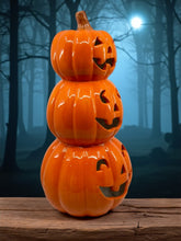 Halloween Lighted Stacked Pumpkins - Ceramic - White Ghosts - 12.5" tall Battery Free Shipping