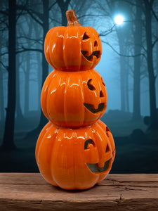 Halloween Lighted Stacked Pumpkins - Ceramic - White Ghosts - 12.5" tall Battery Free Shipping