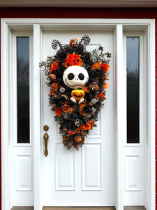 Halloween Jack Swag Wreath  ~ Large Halloween Front Door Swag Wreath Orange & Black Scary Wreath (Free Shipping)