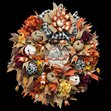 Country Fall Wreath Farmhouse Style Buffalo Check Welcome Wreath (Free Shipping)