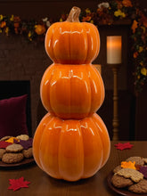 Halloween Lighted Stacked Pumpkins - Ceramic - White Ghosts - 12.5" tall Battery Free Shipping