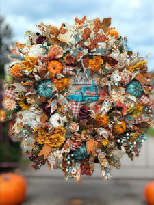 Country Fall Harvest Wreath Farmhouse Truck Style Pumpkin Welcome Wreath (Free Shipping)