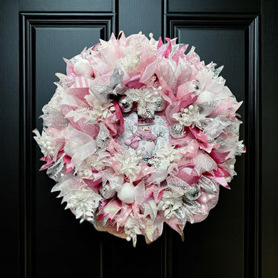 Pink & White Snowman Christmas Wreath Victorian Wreath