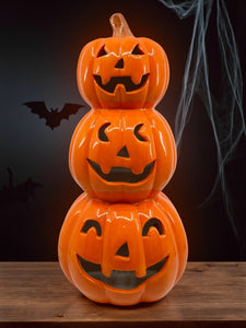 Halloween Lighted Stacked Pumpkins - Ceramic - White Ghosts - 12.5" tall Battery Free Shipping