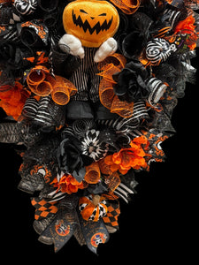Halloween Jack Swag Wreath  ~ Large Halloween Front Door Swag Wreath Orange & Black Scary Wreath (Free Shipping)